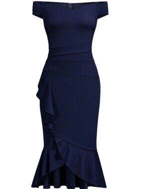 Knitee Navy Off Shoulder Mermaid Trumpet Ruffle Dress Small Wedding Office Siren